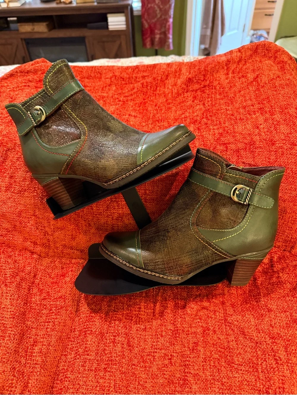 Women's Green Leather Ankle Booties with Decorative Buckle